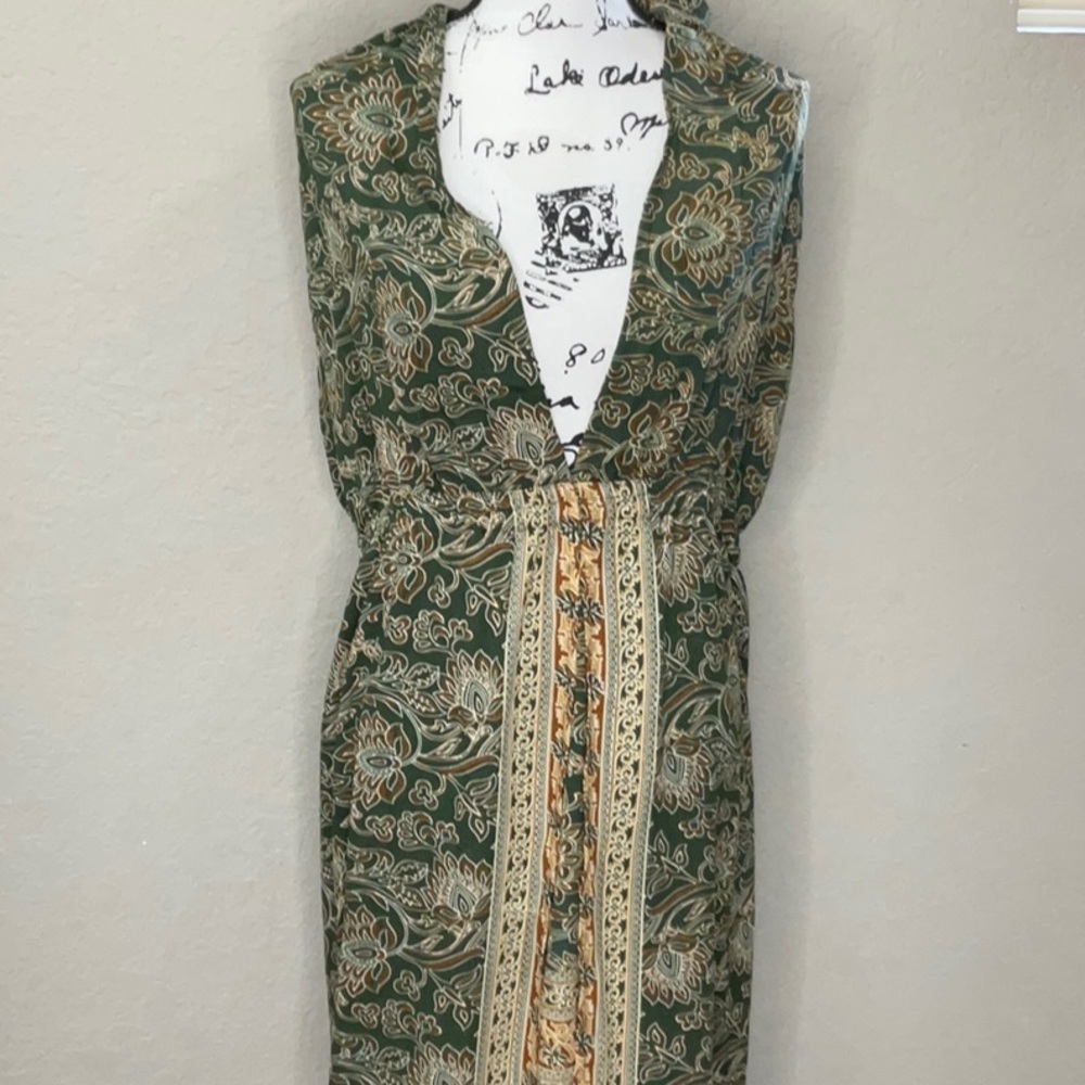 406 - RAGA NWOT Green and Brown Sheath Maxi Dress w/ Plunge Neckline, Size Large